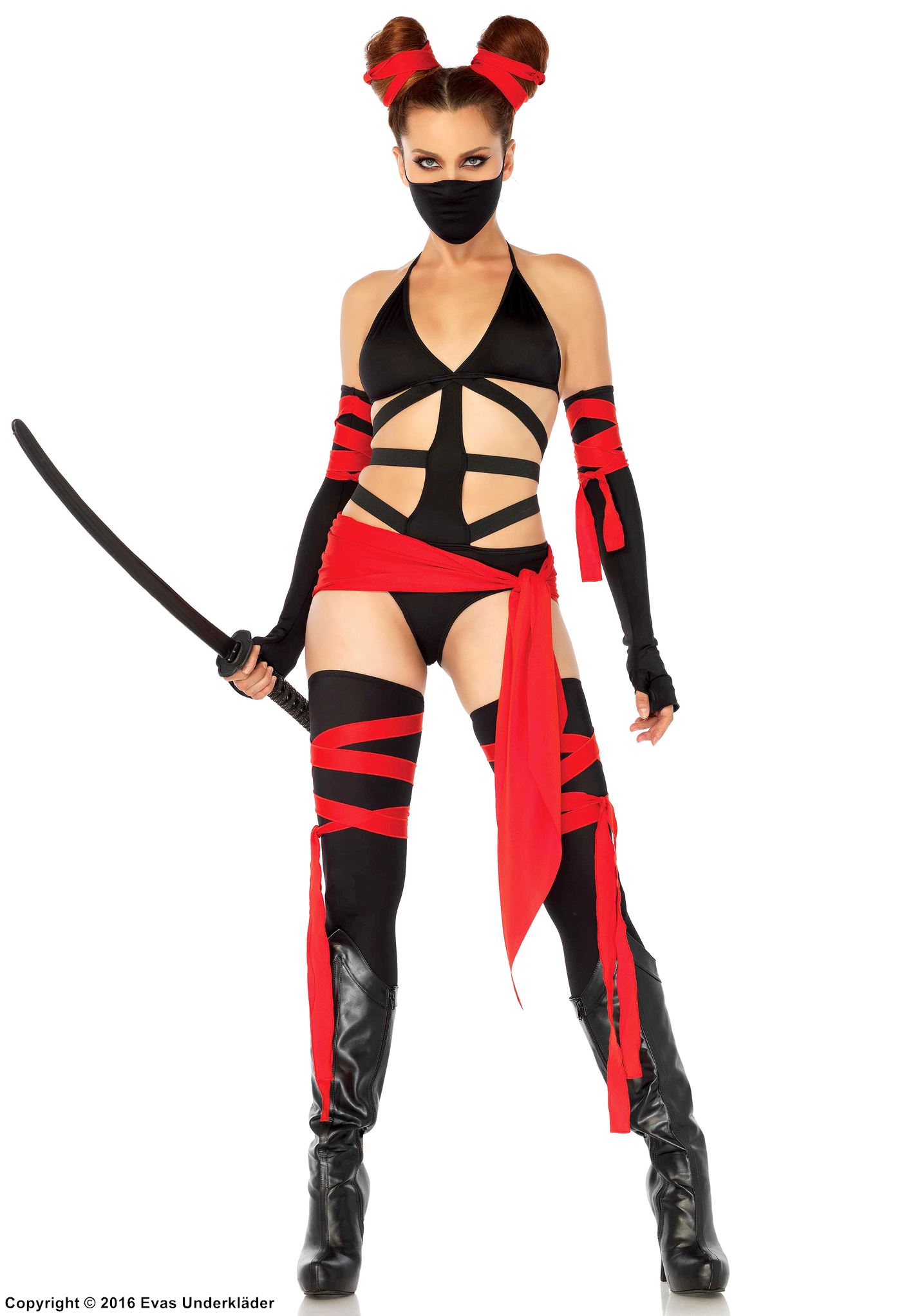 Kvinnlig ninja (aka kunoichi), maskerad-teddy med framsida med remmar och midjeband